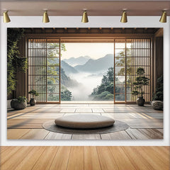 Lofaris Japanese Zen Room Photography Backdrop with Misty Mountain View, Serene Wooden Interior Studio Background for Portrait Sessions