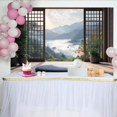 Lofaris Japanese Window Frame Natural Scenery Photography Backdrop, Misty Mountain View Background for Studio Photoshoot