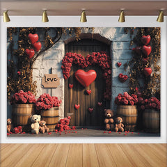 Lofaris Romantic Red Roses Valentines Day Backdrop with Heart Balloons Love Sign, Sweet Teddy Bear Photo Background for Event Decor