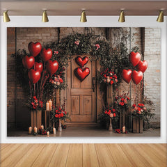 Lofaris Red Heart Balloons Valentines Day Backdrop with Roses and Candles, Rustic Brick Wall Photo Background for Romantic Party Decor