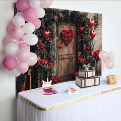 Lofaris Rustic Wooden Door Holiday Backdrop with Red Roses, Green Foliage, and Heart Balloons for Valentine's Day