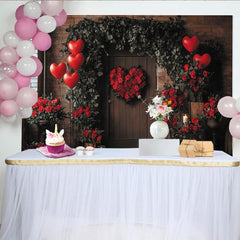 Lofaris Romantic Red Roses Heart Wreath Holiday Backdrop, Rustic Wooden Door with Greenery, Balloons and Candles