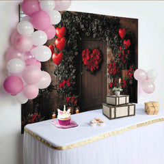 Lofaris Romantic Red Roses Heart Wreath Holiday Backdrop, Rustic Wooden Door with Greenery, Balloons and Candles
