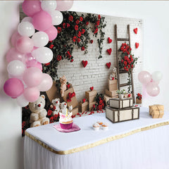 Lofaris White Brick Wall Red Roses and Hearts Holiday Backdrop, Teddy Bears, Wooden Ladder, and Boxes Decor
