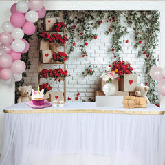 Lofaris Romantic Red Roses and Green Ivy White Brick Wall Backdrop, Hearts and Teddy Bears for Valentine's Day