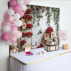 Lofaris Romantic Red Roses and Green Ivy White Brick Wall Backdrop, Hearts and Teddy Bears for Valentine's Day