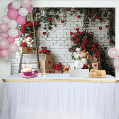 Lofaris White Brick Wall with Red Roses, Green Vines and Hearts Valentine's Day Backdrop, Teddy Bears and Ladder Decor