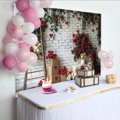 Lofaris White Brick Wall with Red Roses, Green Vines and Hearts Valentine's Day Backdrop, Teddy Bears and Ladder Decor
