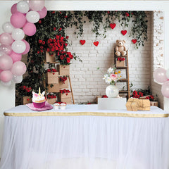 Lofaris Romantic Red Roses and Green Vines Holiday Backdrop, White Brick Wall with Hearts and Teddy Bears for Valentine's Day