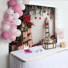 Lofaris Romantic Red Roses and Green Vines Holiday Backdrop, White Brick Wall with Hearts and Teddy Bears for Valentine's Day