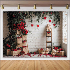 Lofaris Romantic Red Roses and Green Vines Holiday Backdrop, White Brick Wall with Hearts and Teddy Bears for Valentine's Day