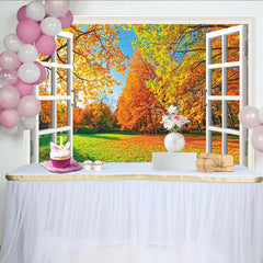 Lofaris Vibrant Autumn Forest View Through Open Window Photography Backdrop, Colorful Fall Leaves and Blue Sky Scene