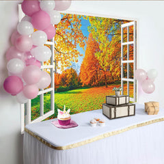 Lofaris Vibrant Autumn Forest View Through Open Window Photography Backdrop, Colorful Fall Leaves and Blue Sky Scene