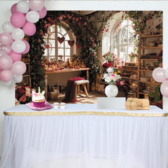 Lofaris Romantic Red Rose and Vine Arched Window Photography Backdrop, Elegant Indoor Scene for Valentine's Day