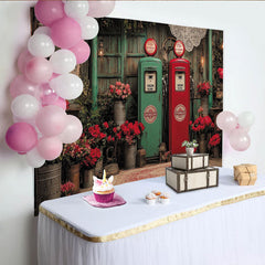 Lofaris Vintage Red and Green Gas Pump Floral Photography Backdrop, Rustic Wooden Wall with Roses and Lanterns