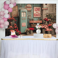 Lofaris Vintage Teal Gas Pump Photography Backdrop, Rustic Wooden Wall with Abundant Red and Pink Flowers and Love Sign