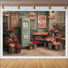 Lofaris Vintage Teal Gas Pump Photography Backdrop, Rustic Wooden Wall with Abundant Red and Pink Flowers and Love Sign