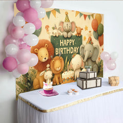 Lofaris Adorable Cartoon Jungle Animal Happy Birthday Backdrop with Elephants, Lions, and Balloons, Kids Party Decor