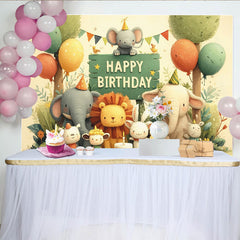 Lofaris Whimsical Cartoon Jungle Animals Happy Birthday Backdrop with Elephants and Lion, Safari Party Decor