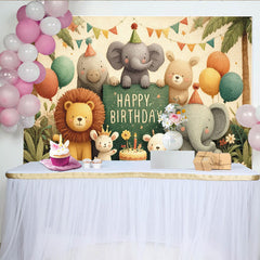 Lofaris Cute Cartoon Jungle Animals Happy Birthday Backdrop, Safari Lion Elephant Bear Party Decoration