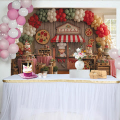 Lofaris Pizza Chef Stand Birthday Backdrop, Rustic Wood Wall with Balloon Arch and Dessert Table Decor
