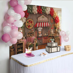 Lofaris Pizza Chef Stand Birthday Backdrop, Rustic Wood Wall with Balloon Arch and Dessert Table Decor