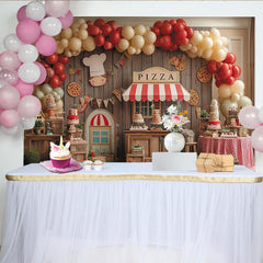 Lofaris Rustic Wooden Pizza Party Backdrop with Red and Cream Balloons, Chef Theme Birthday Celebration Decor.
