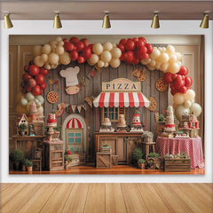 Lofaris Rustic Wooden Pizza Party Backdrop with Red and Cream Balloons, Chef Theme Birthday Celebration Decor.