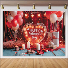Lofaris Romantic Red and White Happy Valentine's Day Party Backdrop, with Wooden Heart Sign and Fairy Lights
