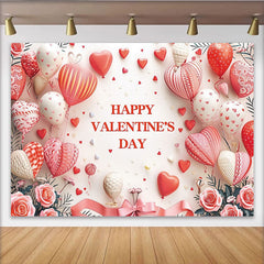 Lofaris Happy Valentine's Day Party Backdrop with Red Heart Balloons, Pink Roses and Romantic Ribbon Decor
