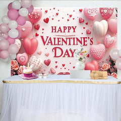 Lofaris Pink and Red Heart Balloons Valentine's Day Backdrop, Romantic Roses and Ribbons Party Decor for Celebration