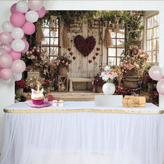 Lofaris Rustic Wooden Wall Valentine's Day Backdrop, Red Rose Heart with Abundant Floral Garden Decor