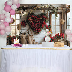 Lofaris Rustic Valentine's Day Backdrop with Red Roses Heart Wreath, Romantic Window Scene for Couples Celebration.