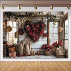 Lofaris Rustic Valentine's Day Backdrop with Red Roses Heart Wreath, Romantic Window Scene for Couples Celebration.