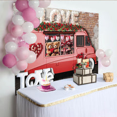 Lofaris Pink Valentine's Day Backdrop with Love Truck, Cute Teddy Bears, Red Roses and Heart Garland Decor for Romantic Party