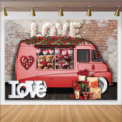 Lofaris Pink Valentine's Day Backdrop with Love Truck, Cute Teddy Bears, Red Roses and Heart Garland Decor for Romantic Party