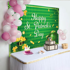 Lofaris Green St. Patrick's Day Party Backdrop with Shamrocks and Gold Coins, Lucky Leprechaun Hat and Pot of Gold Decor