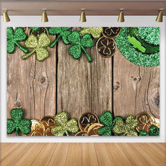 Lofaris Green Glitter Shamrocks and Gold Coins St Patricks Day Party Backdrop, Rustic Wooden Background for Irish Celebration