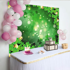 Lofaris Green Shamrocks and Gold Coins Party Backdrop, featuring Bokeh Lights for St. Patrick's Day Celebration