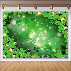 Lofaris Green Shamrocks and Gold Coins Party Backdrop, featuring Bokeh Lights for St. Patrick's Day Celebration