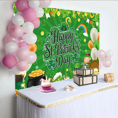 Lofaris Festive Green Happy St. Patrick's Day Party Backdrop, featuring Shamrocks, Leprechaun and Pot of Gold