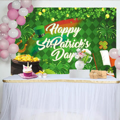 Lofaris Green and Gold St. Patrick's Day Party Backdrop with Shamrocks, Leprechaun Hat and Rainbow for Festive Celebrations