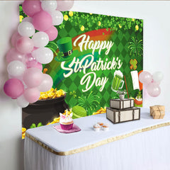 Lofaris Green and Gold St. Patrick's Day Party Backdrop with Shamrocks, Leprechaun Hat and Rainbow for Festive Celebrations
