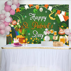 Lofaris Green St. Patrick's Day Party Backdrop, Featuring Cheerful Leprechauns and Gold Coins for Festive Decor