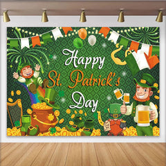 Lofaris Green St. Patrick's Day Party Backdrop, Featuring Cheerful Leprechauns and Gold Coins for Festive Decor