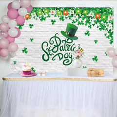 Lofaris Green Shamrock St. Patrick's Day Party Backdrop with Leprechaun Hat and Brick Wall, Festive Holiday Decor