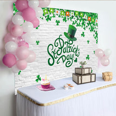 Lofaris Green Shamrock St. Patrick's Day Party Backdrop with Leprechaun Hat and Brick Wall, Festive Holiday Decor