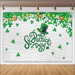 Lofaris Green Shamrock St. Patrick's Day Party Backdrop with Leprechaun Hat and Brick Wall, Festive Holiday Decor