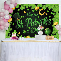 Lofaris Green Shamrocks and Gold Coins Happy St. Patrick's Day Party Backdrop, featuring a Leprechaun Hat and Pot of Gold Decor.