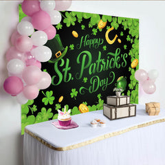 Lofaris Green Shamrocks and Gold Coins Happy St. Patrick's Day Party Backdrop, featuring a Leprechaun Hat and Pot of Gold Decor.